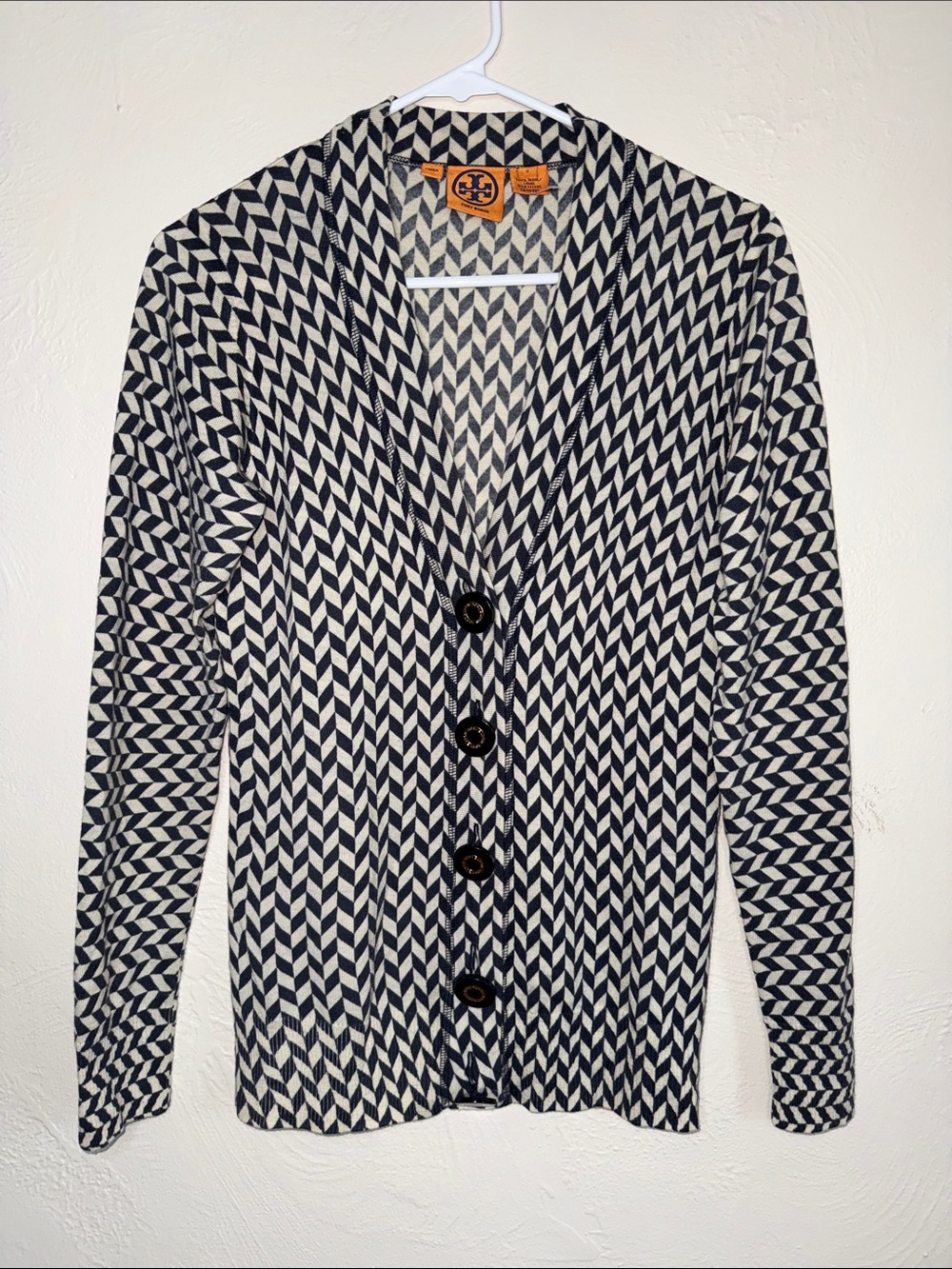 Tory Burch 100% Wool Chevron Print Button Front Cardigan Size S